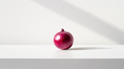 Poster - Single red onion on white surface with dramatic lighting.