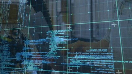 Aufkleber - software developer typing at desk, featuring translucent code overlay with glowing grid lines