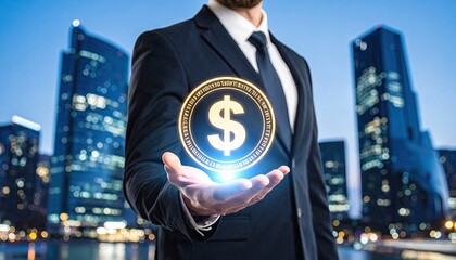 Poster - Business professional holding a glowing dollar sign symbol with city background at dusk, representing finance and digital currency.