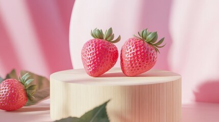 Poster - Two ripe strawberries on a light wooden pedestal against a pink background.