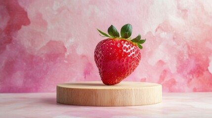 Poster - Single fresh strawberry on small wooden pedestal against pink background.