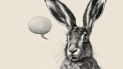 Poster - Adorable long-eared rabbit with a bright balloon and whimsical speech bubble doodle element for creative illustrations