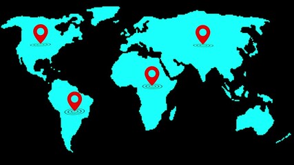 Poster - World map with highlighted locations using red markers. Global locations highlighted on a world map with red location markers for strategic planning or travel concepts