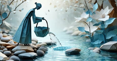 Poster - Origami figure pours water into pond. Delicate papercraft scene depicts serene nature, calm atmosphere, artistic expression.
