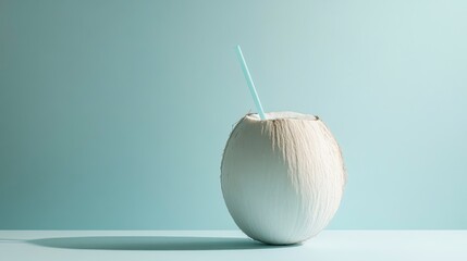 Poster - Refreshing coconut water drink in a coconut shell with a straw against a light blue background.