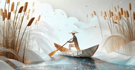 Poster - Papercraft scene depicts person rowing boat through reeds. Soft lighting creates dreamy, tranquil atmosphere. Minimalist style.
