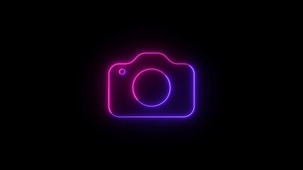 Poster - Camera icon with neon glow effect. Animated neon camera icon glowing on black background perfect for photography social media and creative projects