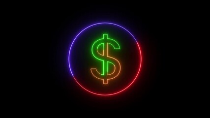 Poster - Dollar sign with neon glowing circle. Animated dollar sign neon symbol with glowing circle on black background representing finance and economic concepts.