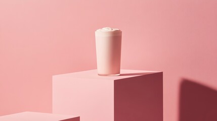 Poster - Pink milkshake in tall glass on pink cube against pink background.