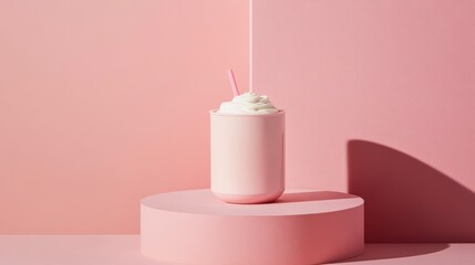 Poster - Creamy milkshake with whipped cream in a pink glass on a pink pedestal against a pink background.