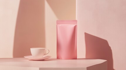 Poster - Pink coffee bag and cup on pink background.