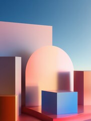 Poster - Abstract geometric shapes in vibrant colors against a gradient sky backdrop, creating a modern aesthetic