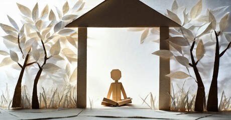 Poster - Papercraft scene depicts meditation. Figure sits calmly reading within simple structure surrounded by trees, grass. Peaceful, serene.