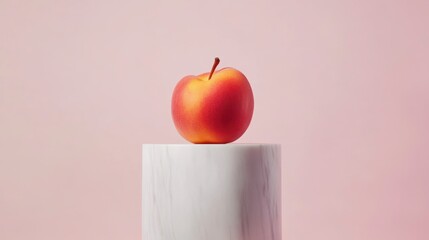 Poster - Single red-yellow apple on white marble pedestal against pink background.