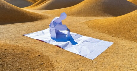 Poster - Paper figure rests upon surface amid desert landscape. Sunlight creates strong shadows, highlighting form, texture. Minimalist composition.