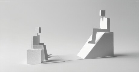 Aufkleber - Minimalist sculpture depicts two figures seated atop geometric blocks. Contrast exists between heights, shadows suggest distance. Simple forms, monochrome palette.