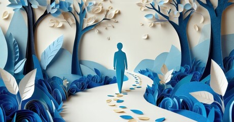 Aufkleber - Papercraft scene depicts figure walking path through forest. Blue tones dominate, creating serene, whimsical atmosphere. Foliage surrounds winding route.