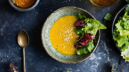Poster - Creamy yellow soup with sesame seeds and fresh salad in a rustic bowl.