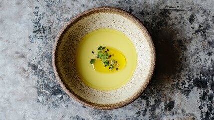 Poster - Top view of a small bowl with pale yellow sauce, olive oil, sesame seeds, and herbs.
