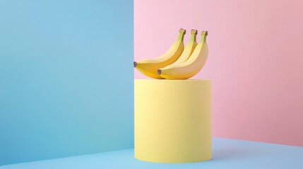 Poster - Three ripe bananas on a pastel yellow cylinder against a blue and pink background.