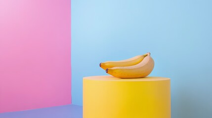 Poster - Two ripe yellow bananas on a yellow cylinder against a pink and blue background.