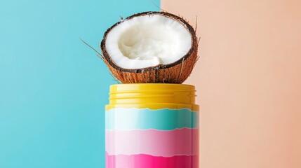 Poster - Half coconut atop colorful container against pastel background.