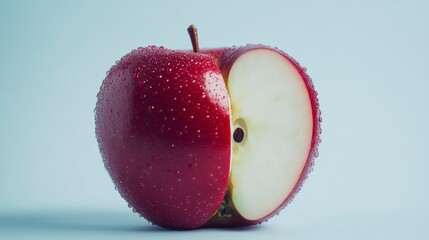 Poster - A red apple, sliced in half, showing its juicy flesh and water droplets.
