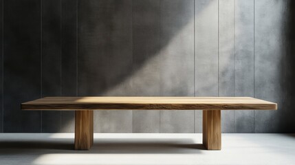 Poster - Long wooden table against a dark grey wall with sunlight.