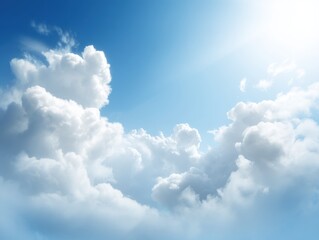 Wall Mural - Bright Blue Sky with Fluffy White Clouds Illuminated by Warm Sunlight in a Serene and Tranquil Atmosphere of a Perfect Day
