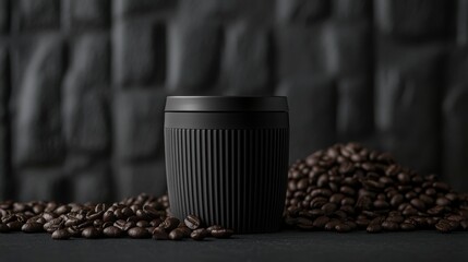 Poster - Black reusable coffee cup with roasted coffee beans on dark background.