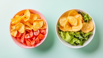 Poster - Two bowls of tortilla chips; one with sliced tomatoes, the other with lettuce.  Overhead shot on pastel green background.