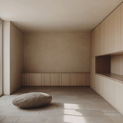 Poster - Serene Interior with Natural Stone and Minimalist Wooden Cabinetry Design