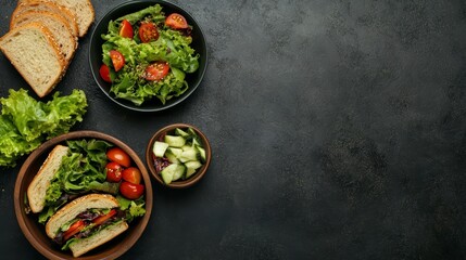 Aufkleber - Healthy vegetarian sandwich and salad on dark background.