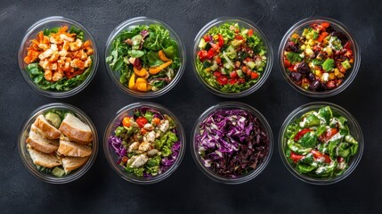 Aufkleber - Eight assorted healthy salads in clear bowls on dark background.