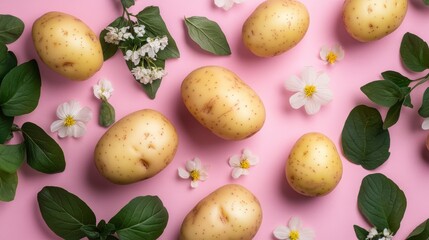 Poster - Flat lay of fresh potatoes and white flowers on pink background.