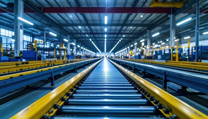 Poster - High-Tech Warehouse with Conveyor Belts at Dusk Showcasing Vehicle Parts