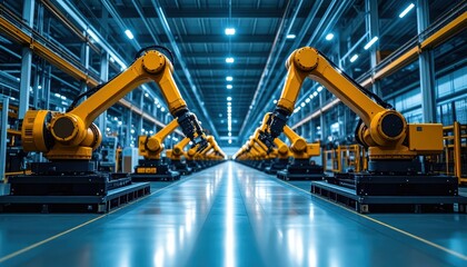 Poster - High-Tech Warehouse with Robotic Pickers and Ambient Lighting