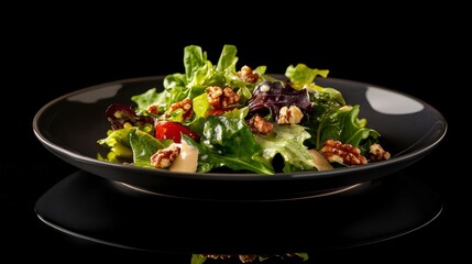 Poster - Fresh green salad with walnuts and creamy dressing served on a dark plate against a black background.