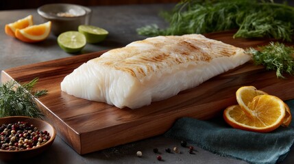 Poster - Fresh cod fillet is displayed on a wooden board with citrus slices, dill, and peppercorns, showcasing healthy meal prep options in a warm kitchen atmosphere