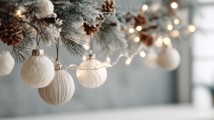 Poster - A winter pine branch, draped with frosted ornaments and delicate fairy lights, enhances the festive charm of a cozy indoor space during the holidays