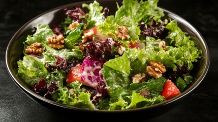 Aufkleber - Fresh green salad with walnuts and creamy dressing in a bowl.