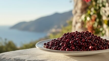 Aufkleber - A pile of kidney beans on a white plate outdoors with a scenic coastal mountain view.