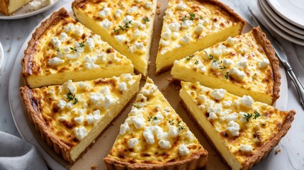 Poster - Close-up view of a golden cheese quiche cut into wedges on a rustic plate, highlighting the flaky crust and rich melted surface, illuminated by gentle natural light