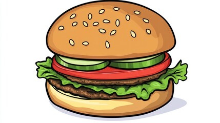 Poster - Juicy burger with lettuce, tomato, and cucumber on a sesame seed bun.