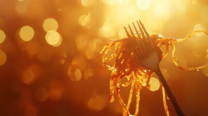 Poster - Spaghetti on a fork, backlit by warm golden light, bokeh background.