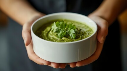 Aufkleber - Close-up of hands holding a bowl of vibrant green pesto.