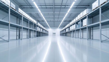 Poster - Minimalist Distribution Center Interior with Shelving Units and Lights