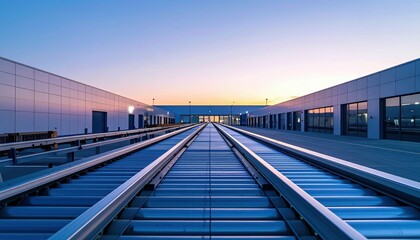 Poster - Minimalist Conveyor Belts in Fulfillment Center During Dusk Sky