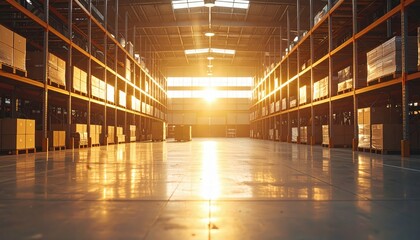 Poster - Minimalist Warehouse Interior at Golden Hour with Pallet Racking