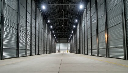 Poster - Minimalist Industrial Silo Interior with Flickering Lights at Night